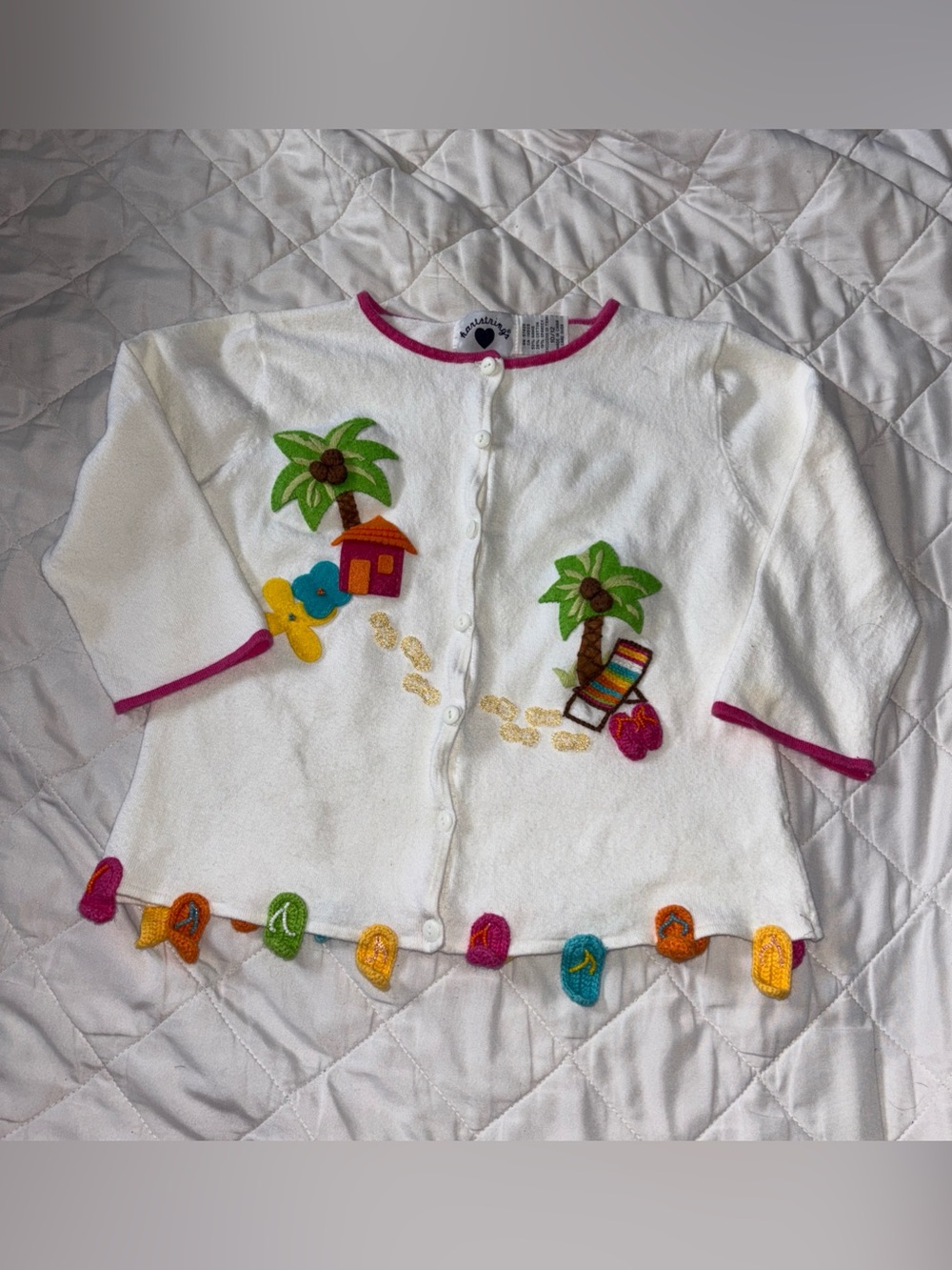 Hartstrings Girls White Tropical applique Cardigan Sz10/12,embroidered slippers,
